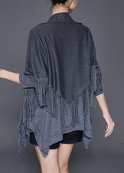 French Grey Tasseled Oversized Cotton Tops Two Pieces Set Fall