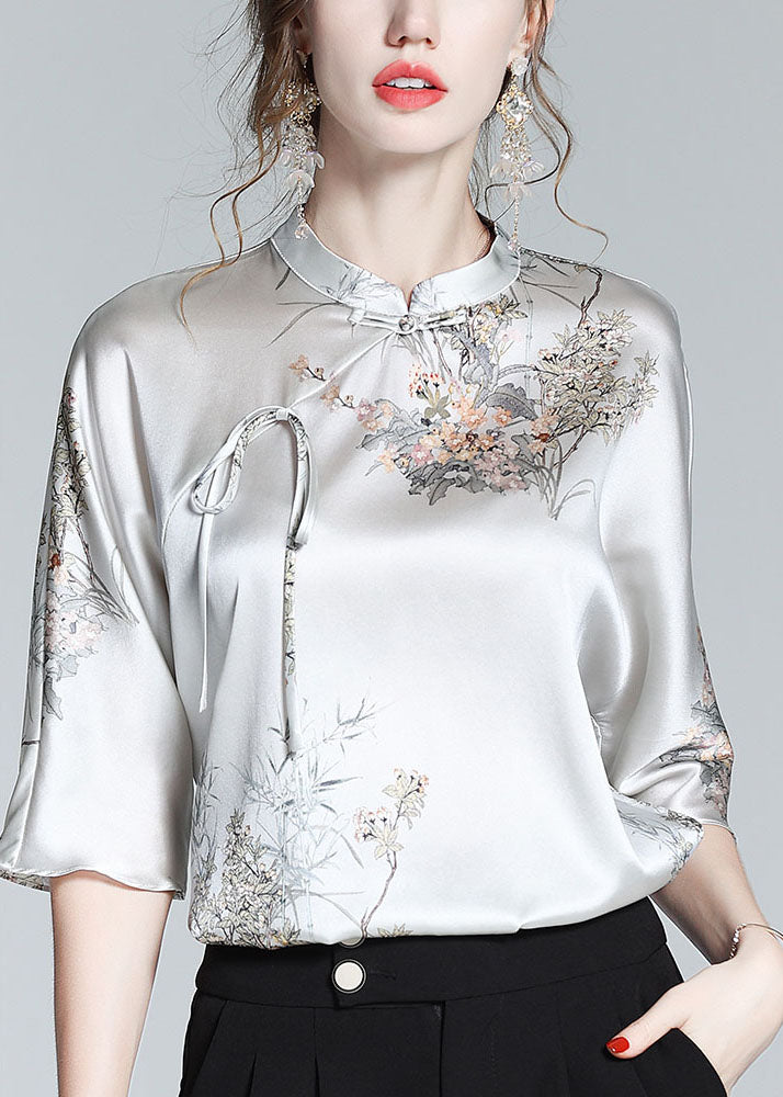 French Grey Stand Collar Oriental Silk Shirt Top Half Sleeve