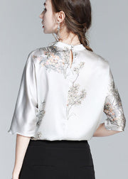 Französisches graues orientalisches Seidenhemd mit Stehkragen, halbärmelig
