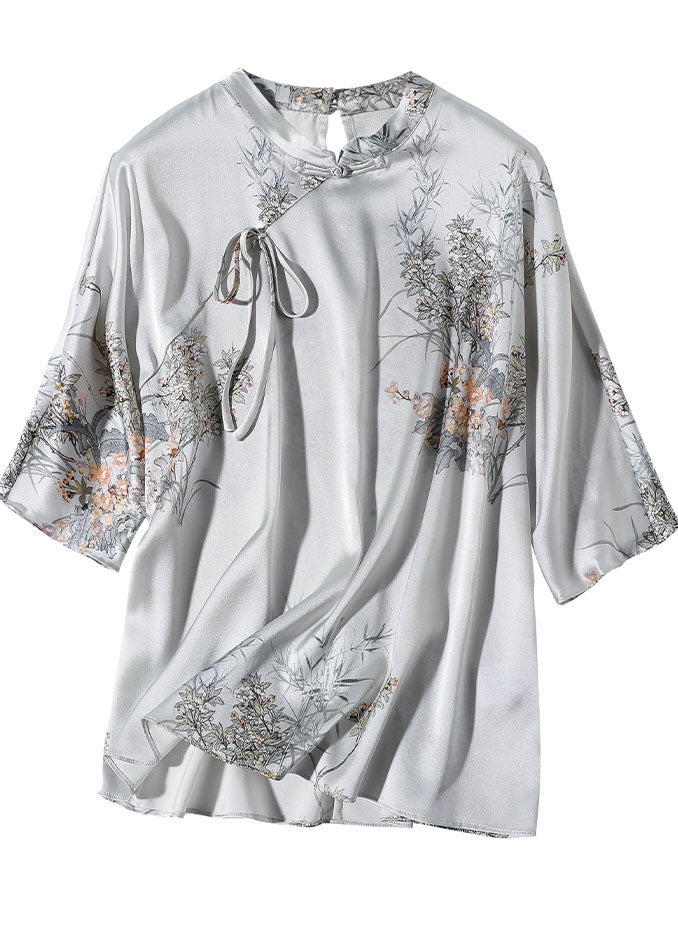 Französisches graues orientalisches Seidenhemd mit Stehkragen, halbärmelig