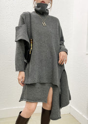 French Grey Turtle Neck Asymmetrical Knit Two Piece Set Outfits Cloak Sleeves