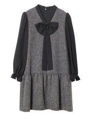 French Grey V Neck Bow Patchwork Wrinkled Mid Dresses Long Sleeve