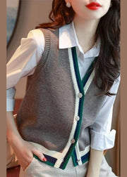 French Grey V Neck Button Patchwork Knit Vest Sleeveless