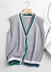 French Grey V Neck Button Patchwork Knit Vest Sleeveless