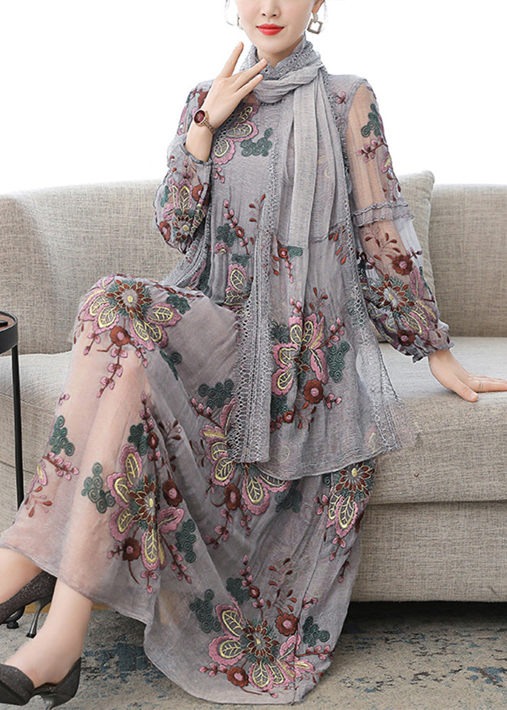 French Grey V Neck Embroidered Wrinkled Tulle Party Maxi Dress Fall
