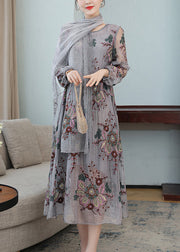 French Grey V Neck Embroidered Wrinkled Tulle Party Maxi Dress Fall