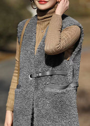 French Grey V Neck Pockets Patchwork Wool Vest Sleeveless