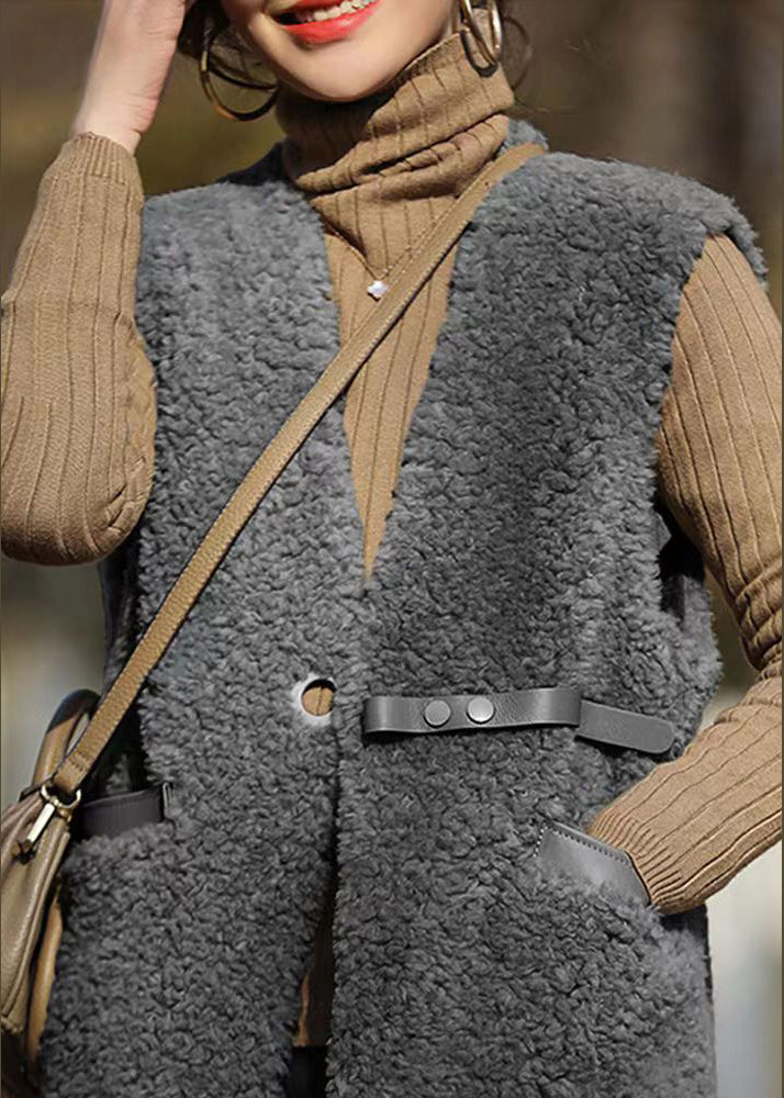 French Grey V Neck Pockets Patchwork Wool Vest Sleeveless