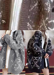 French Grey Zip Up Jacquard Winter Knit Coat