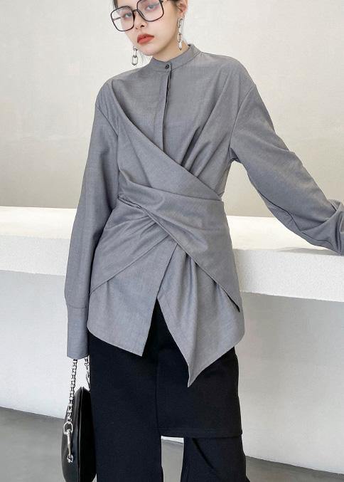 French Grey asymmetrical design  Long sleeve Spring Blouses - SooLinen