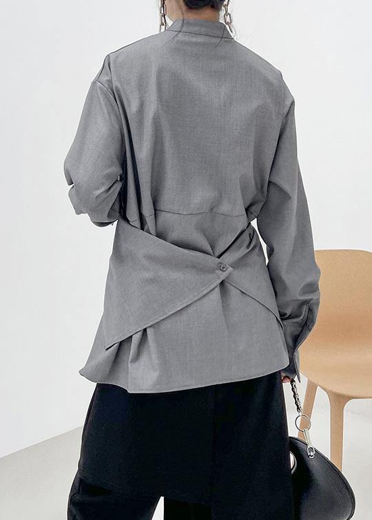 French Grey asymmetrical design  Long sleeve Spring Blouses - SooLinen