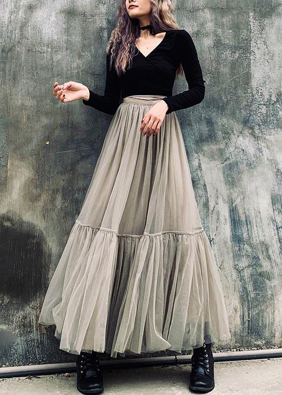 French Grey zippered Retro Mid Length Mesh Skirt - SooLinen