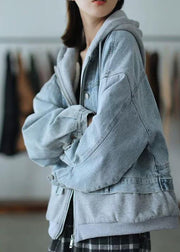 French Hooded False Two Pieces Fine Coats Women Denim Blue Loose Coats - SooLinen