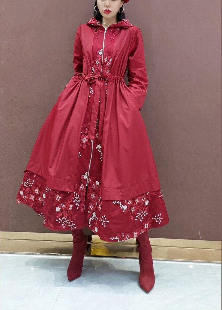 French Hooded Fine Spring Clothes For Women Red Embroidery Art Coats - SooLinen