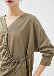 French Khaki Asymmetrical Design Cotton Blouses Fall