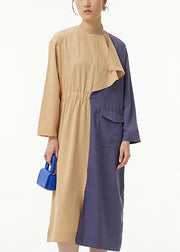 French Khaki Asymmetrical Patchwork Cotton Long Dress Spring
