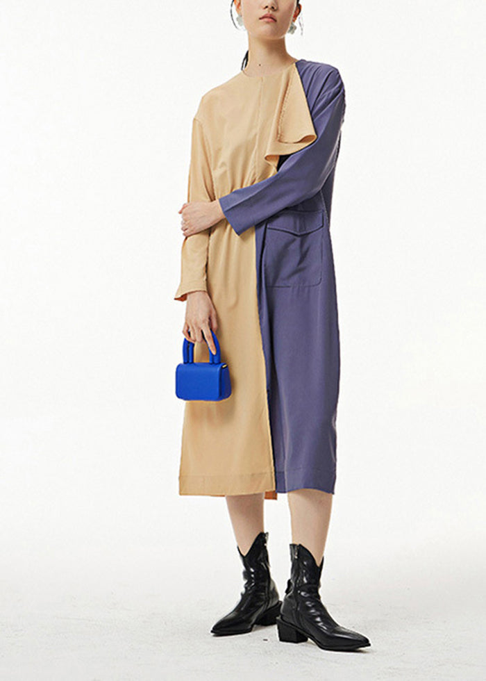 French Khaki Asymmetrical Patchwork Cotton Long Dress Spring