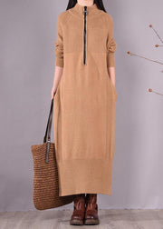 French Khaki Dress Zippered Pockets Dresses Spring Dress - SooLinen