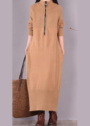 French Khaki Dress Zippered Pockets Dresses Spring Dress - SooLinen