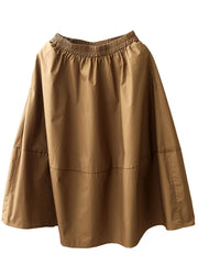 French Khaki Elastic Waist Pockets Patchwork Cotton A Line Skirts Summer