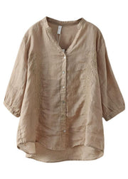 French Khaki Embroideried V Neck Ramie Blouse Top Summer - SooLinen