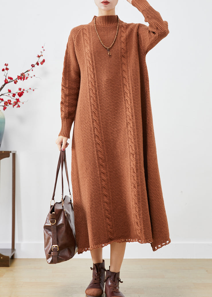 French Khaki High Neck Cable Knit Sweater Dress Winter
