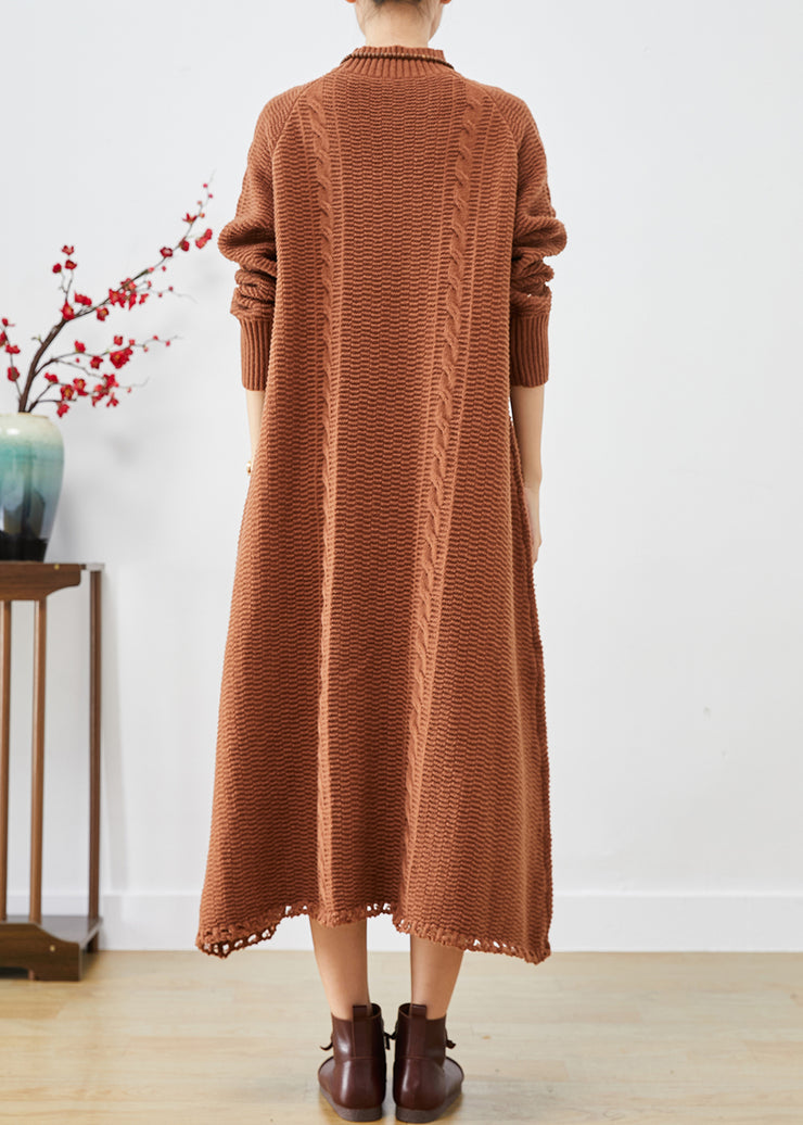 French Khaki High Neck Cable Knit Sweater Dress Winter
