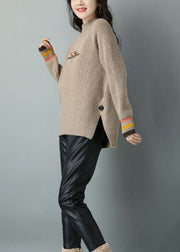 French Khaki High Neck Thick Wool Short Sweater Winter
