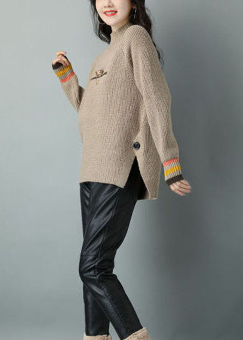 French Khaki High Neck Thick Wool Short Sweater Winter