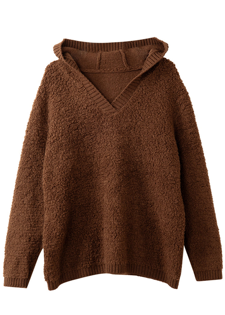 French Khaki Hooded Chunky Oversized Wool Knit Sweater Tops Winter