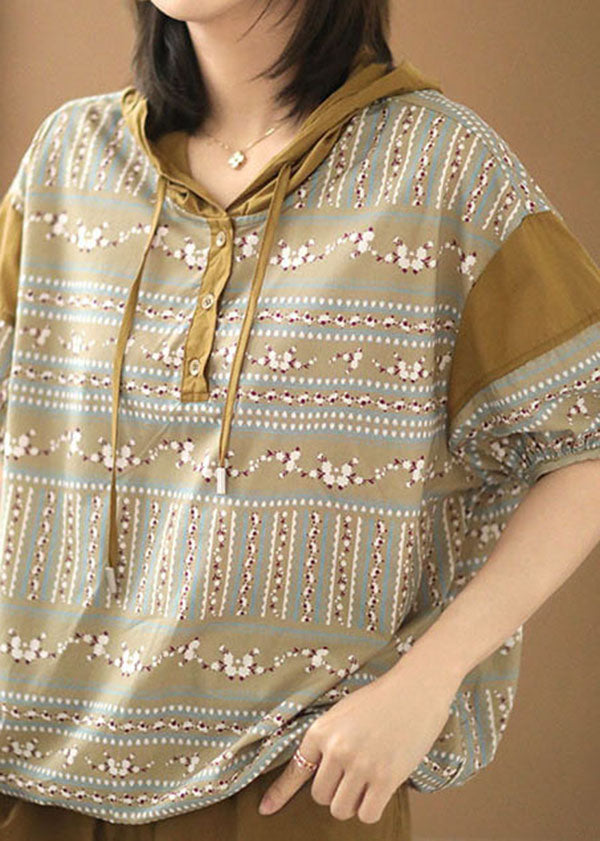 French Khaki Hooded Drawstring Print Patchwork Cotton Sweatshirt Top Lantern Sleeve