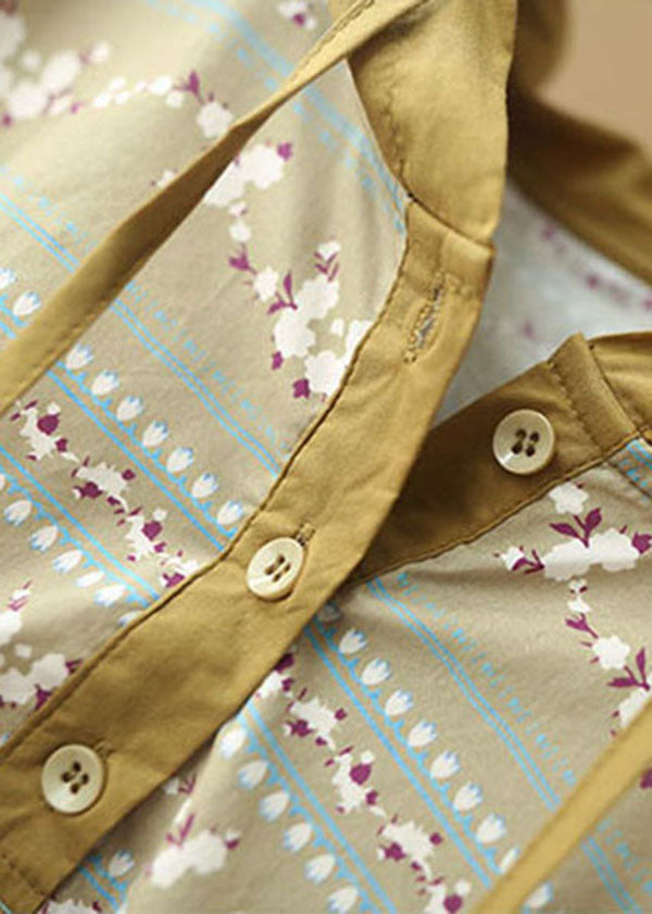 French Khaki Hooded Drawstring Print Patchwork Cotton Sweatshirt Top Lantern Sleeve