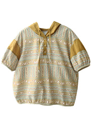 Französisches Khaki-Kapuzen-Sweatshirt mit Kordelzug, Patchwork-Baumwoll-Sweatshirt mit Laternenärmeln