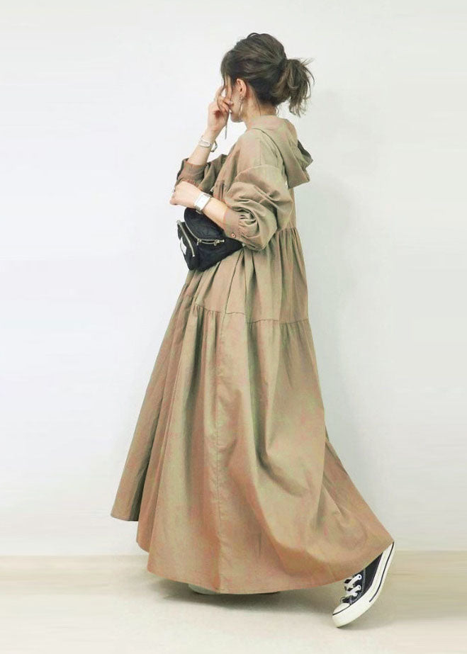French Khaki Hooded Oversized Wrinkled Cotton Long Dresses Spring