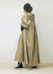 French Khaki Hooded Oversized Wrinkled Cotton Long Dresses Spring