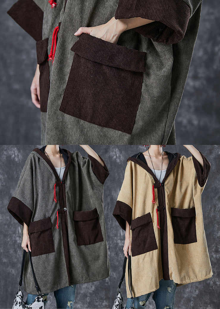 French Khaki Hooded PocketsPatchwork Warm Fleece Trench Spring