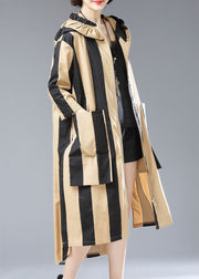 French Khaki Hooded Striped Pockets Patchwork Cotton Long Trench Coats Fall