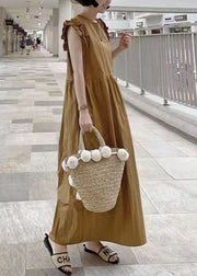 French Khaki O Neck Patchwork Cotton Dress Summer