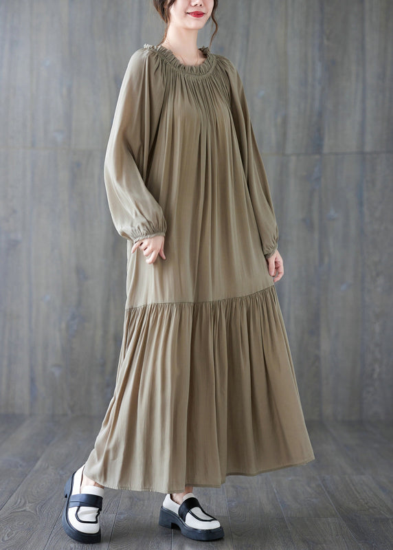 French Khaki O-Neck Patchwork Wrinkled Long Dresses Long Sleeve