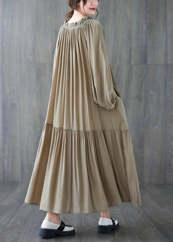 French Khaki O-Neck Patchwork Wrinkled Long Dresses Long Sleeve