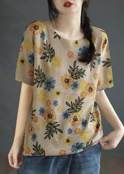 French Khaki O Neck Print Patchwork Cotton T Shirt Top Summer