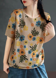 French Khaki O Neck Print Patchwork Cotton T Shirt Top Summer