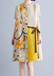 French Khaki O-Neck Print Patchwork Wrinkled Tie Waist Mid Dresses Summer