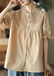 French Khaki O Neck Wrinkled Button Patchwork Cotton Shirts Summer