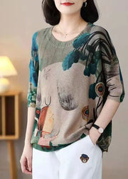 French Khaki Oversized Character Print Knit Top Spring