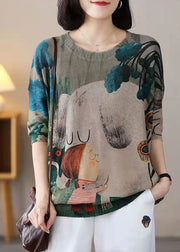 French Khaki Oversized Character Print Knit Top Spring