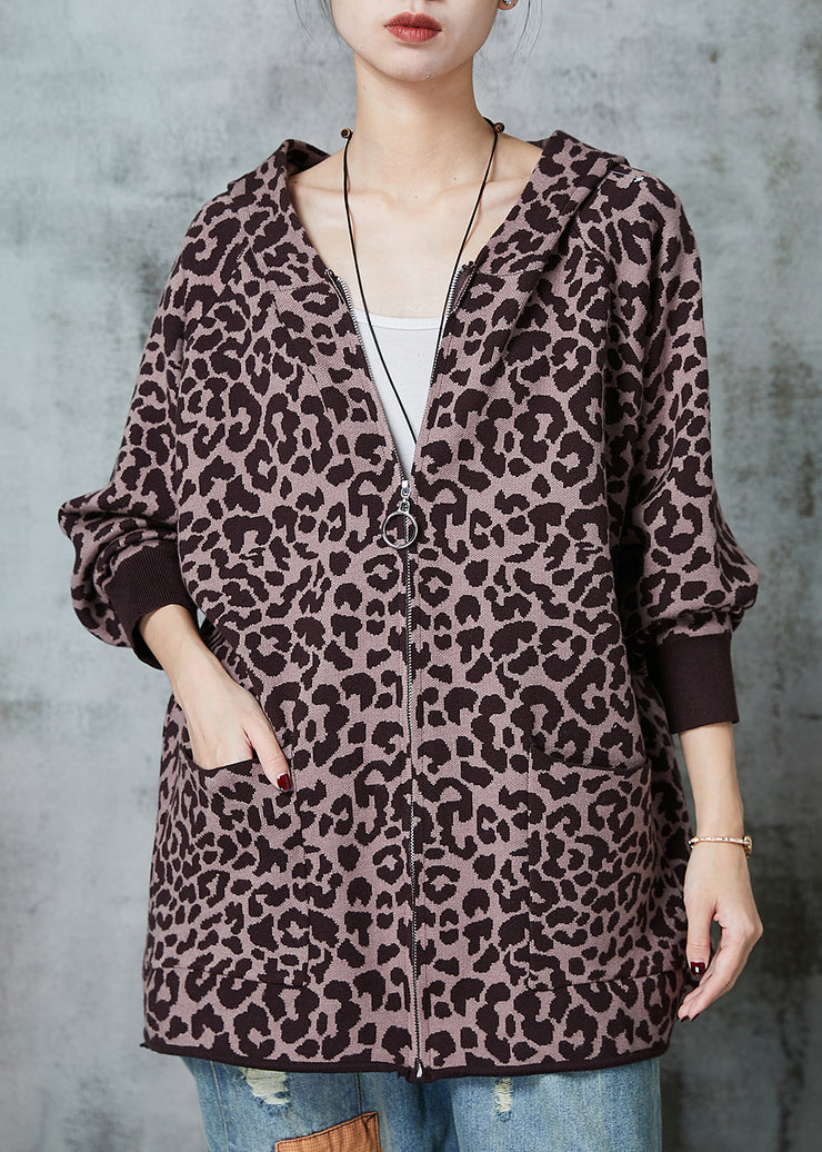 French Khaki Oversized Leopard Print Knit Cardigan Spring