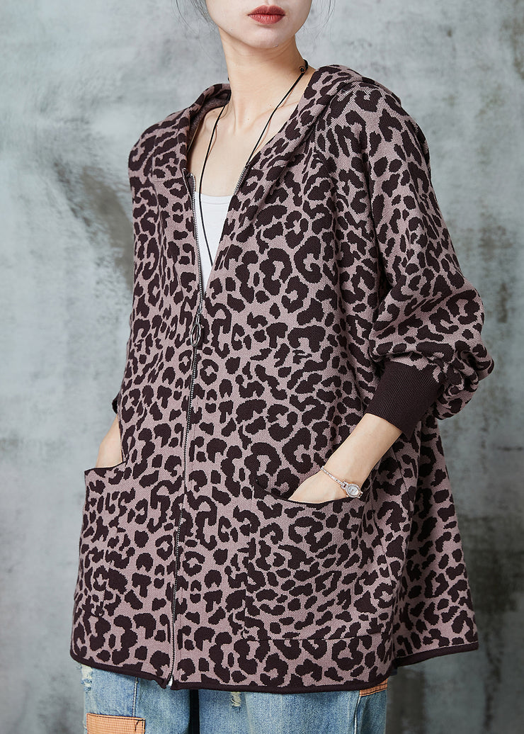 French Khaki Oversized Leopard Print Knit Cardigan Spring