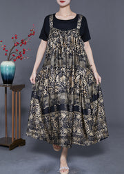 French Khaki Oversized Print Exra Large Hem Silk Summer Dress