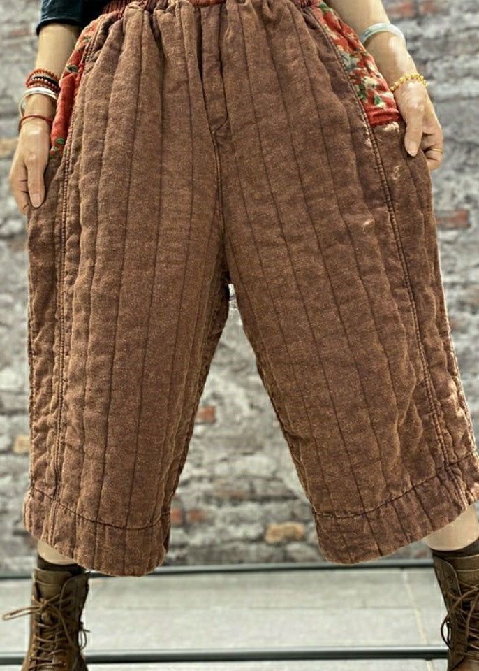 French Khaki Patchwork Fine Cotton Filled Pants Winter
